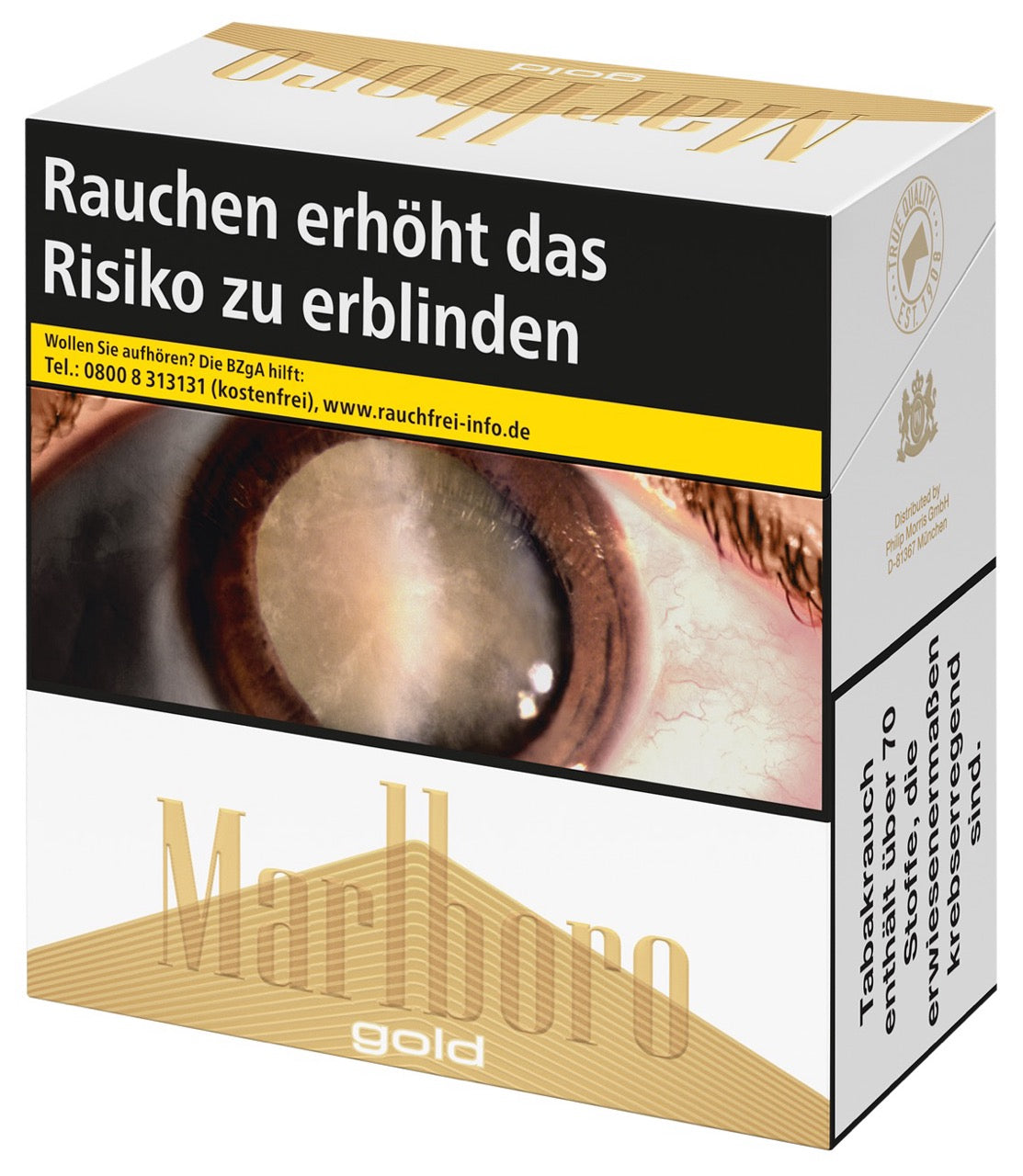 Marlboro Gold 7XL – Packung leicht seitlich dargestellt, zeigt das elegante Design der Marlboro Gold Serie