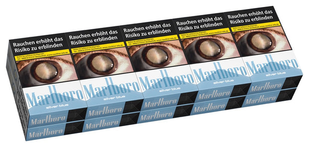 Marlboro Silver Blue Zigaretten – Stange mit 10x20 Stück im silber-blauen Design, frontal dargestellt