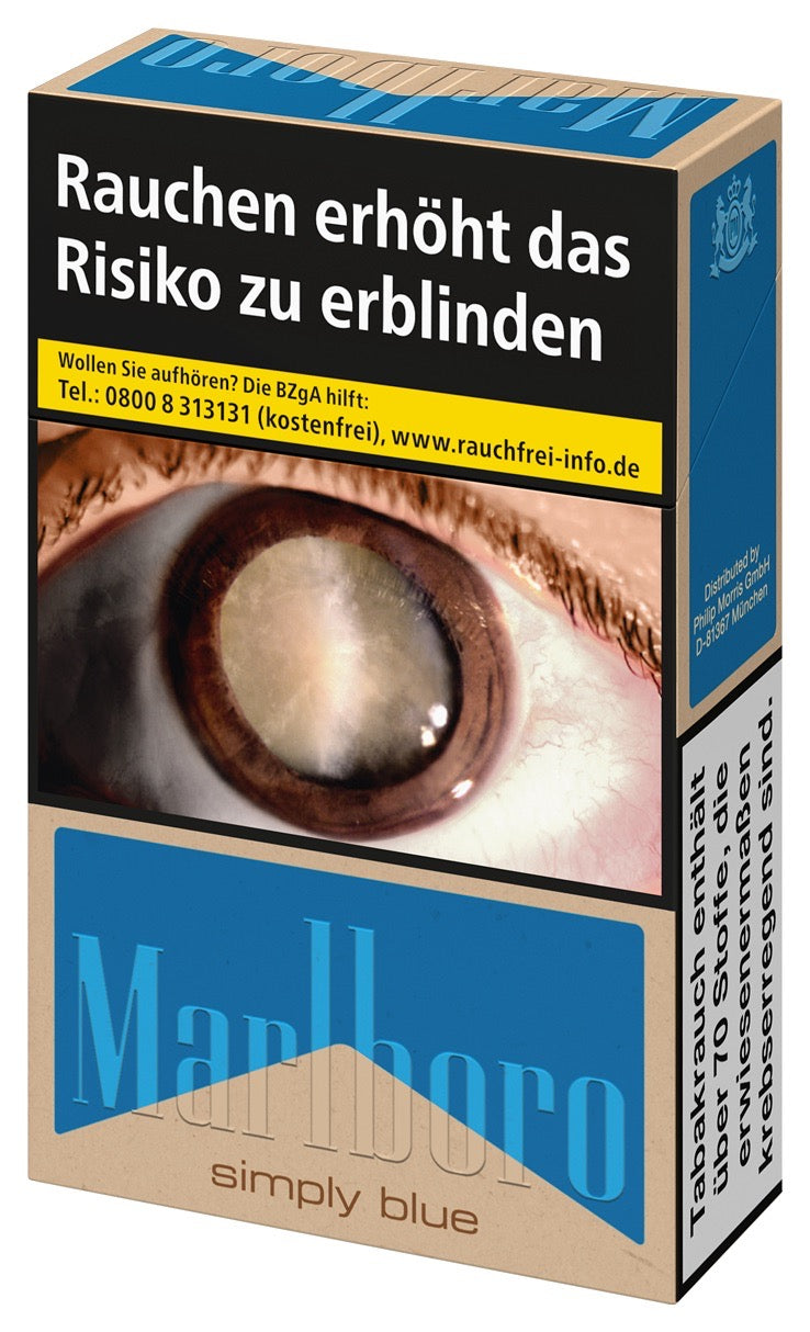Marlboro Simply Blue Zigaretten – blau-weiße Einzelpackung leicht seitlich dargestellt, Variante ohne Zusatzstoffe