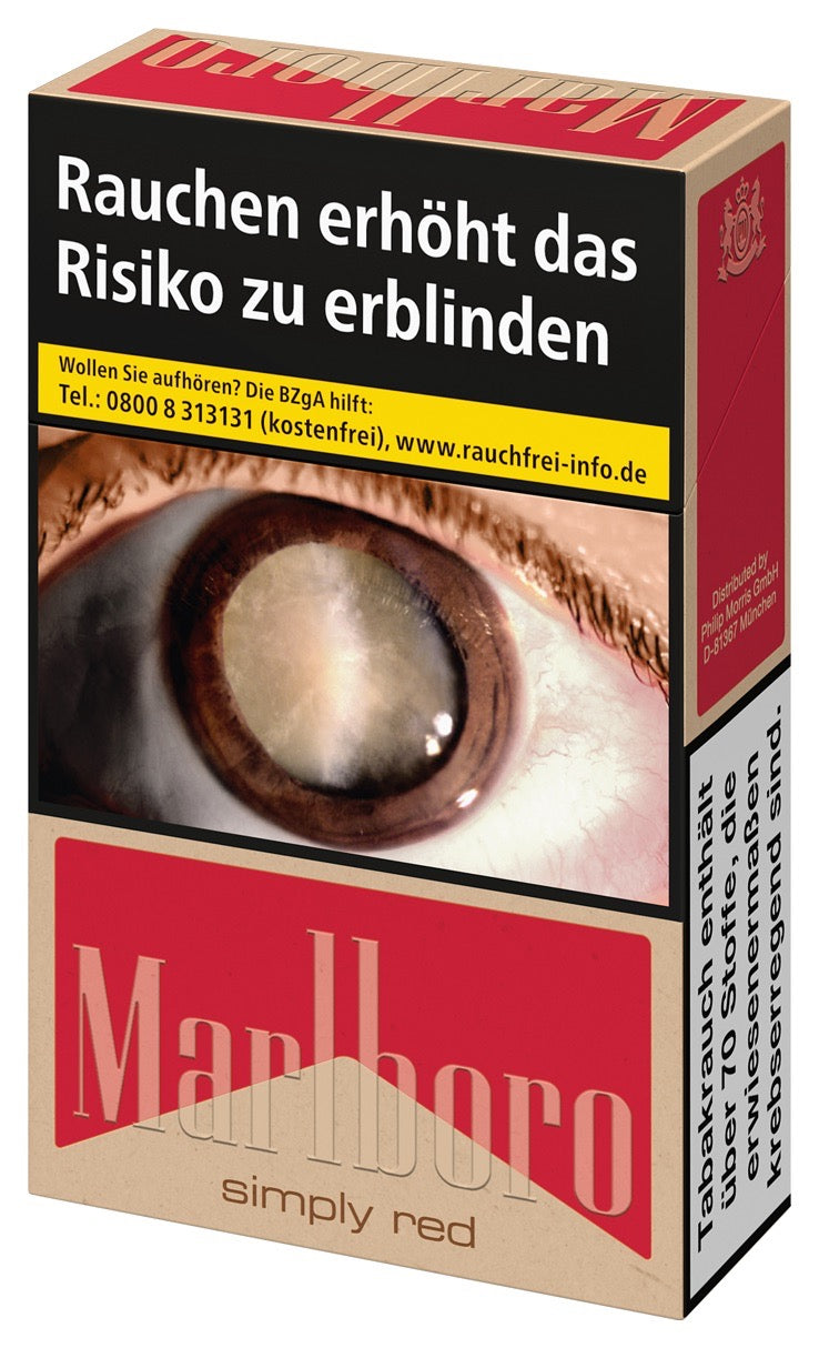 Marlboro Simply Red Zigaretten – Packung ohne Zusätze im roten Design, leicht seitlich fotografiert