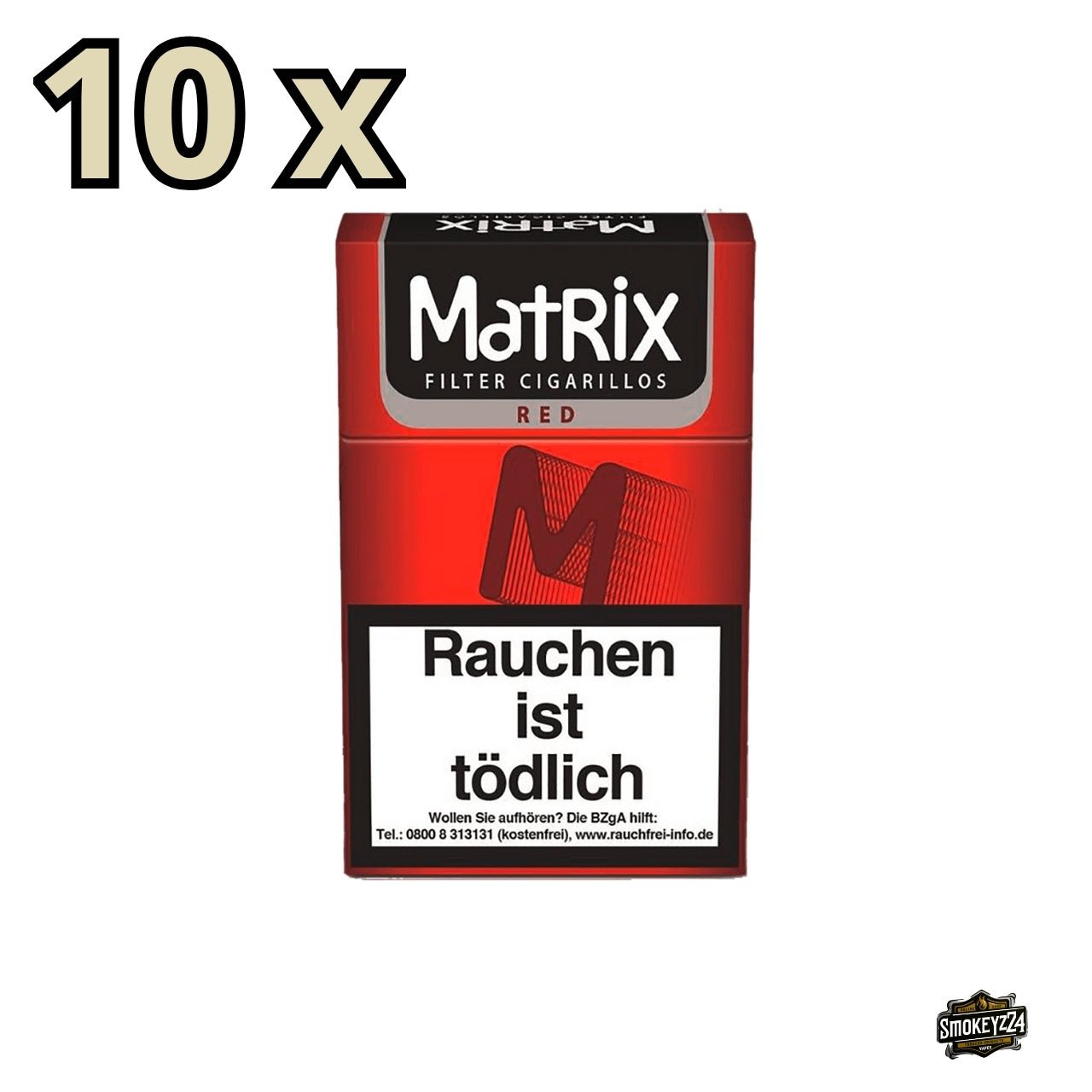 Matrix Red Filter Cigarillos – Schachtel frontal mit 10x Hinweis, King Size ca. 84–85 mm, Naturdeckblatt