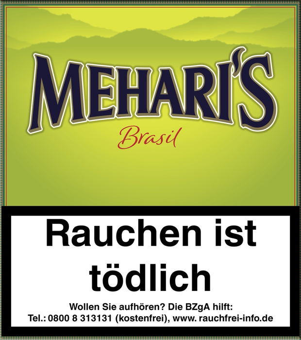 Meharis Brasil Cigarillos 20er-Pack – Verpackung frontal, klassische Optik mit brasilianischem Arapiraca-Deckblatt