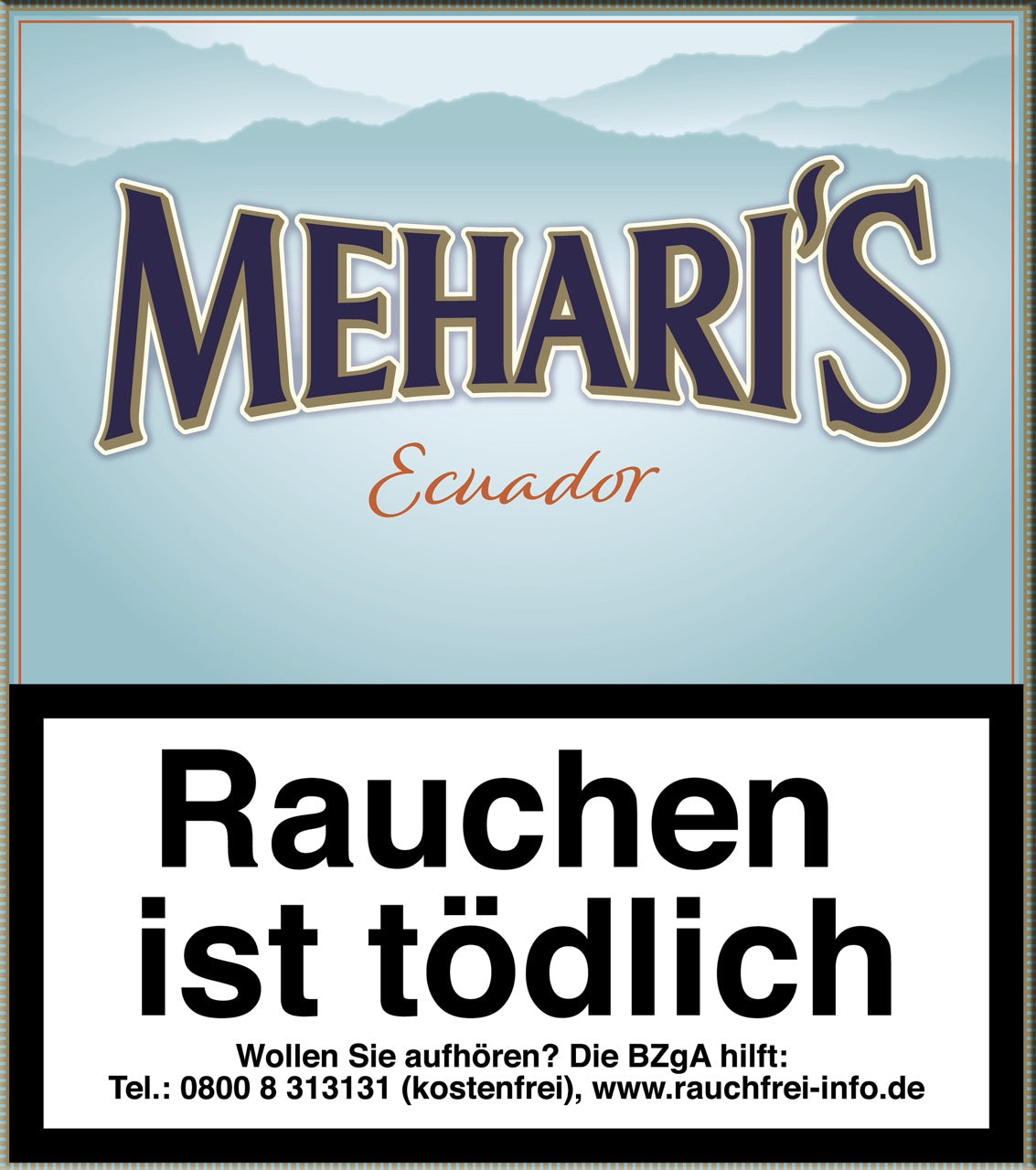 Meharis Ecuador Cigarillos 20er-Pack – Verpackung frontal, helles Ecuador-Deckblatt, klassische Optik