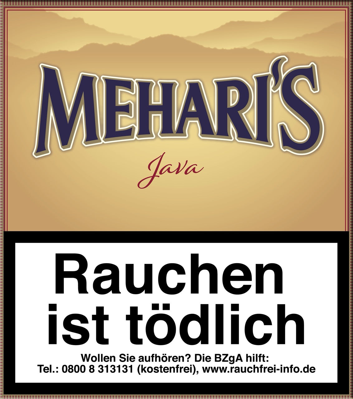 Meharis Java Cigarillos 20er-Pack – Verpackung frontal, mild-aromatische Zigarillos mit Java Besuki-Deckblatt