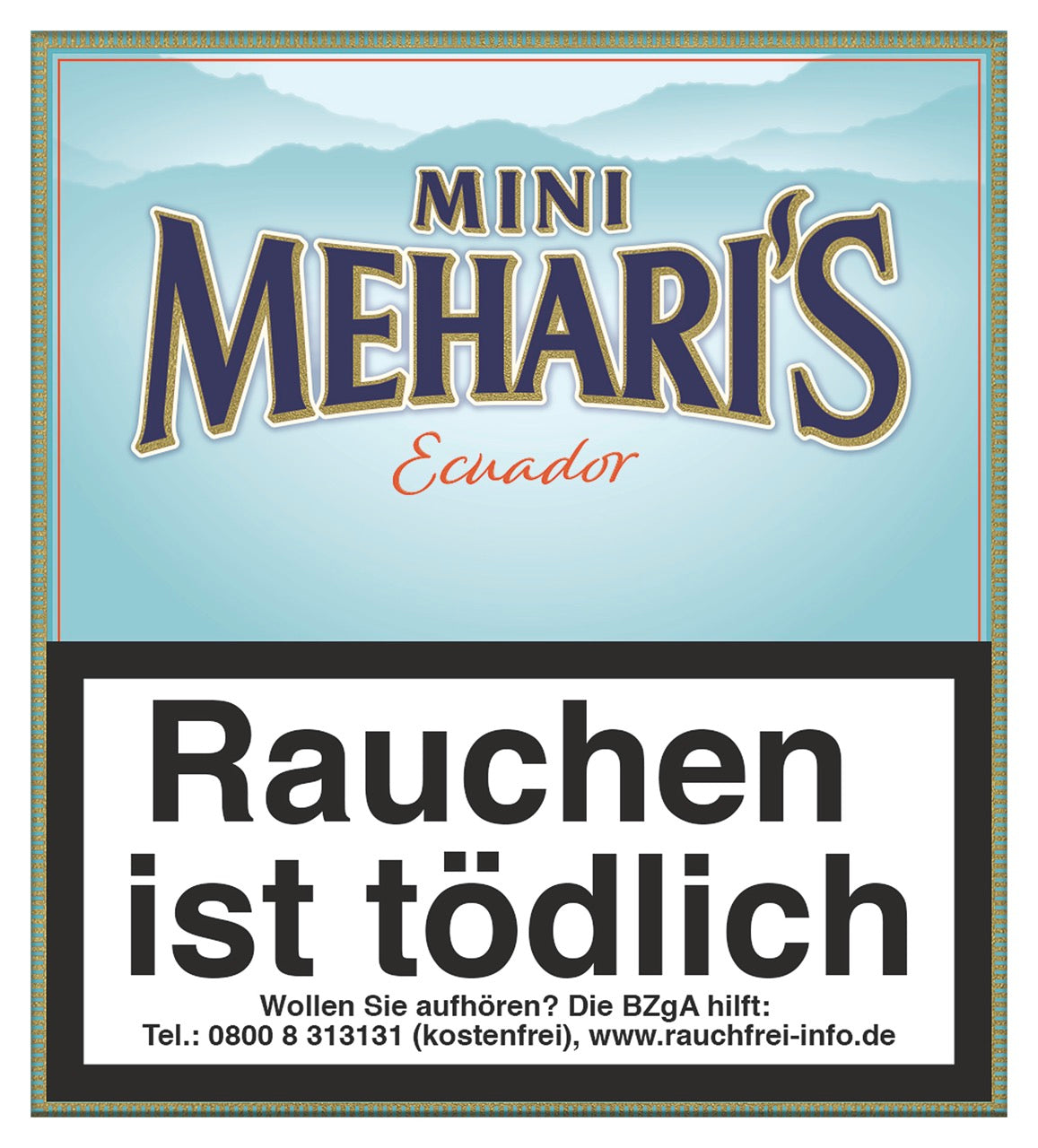 Meharis Mini Ecuador Cigarillos 20er-Pack – Verpackung frontal, kleine Zigarillos mit hellem Ecuador-Deckblatt und fein-süßem Aroma