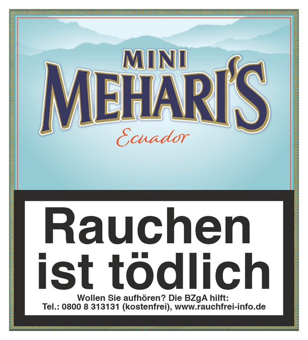 Meharis Mini Ecuador Cigarillos 20er-Pack – Verpackung frontal, kleine Zigarillos mit hellem Ecuador-Deckblatt und fein-süßem Aroma