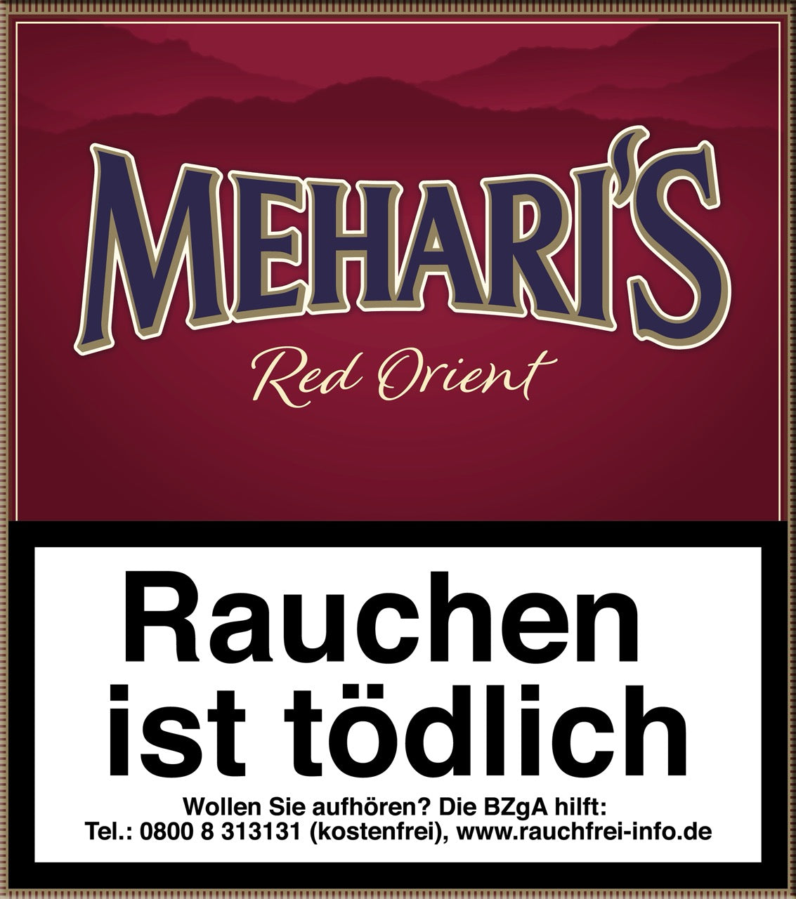 Meharis Red Orient Cigarillos 20er-Pack – Verpackung frontal, aromatische Zigarillos mit Java Besuki-Deckblatt und feiner Vanillenote