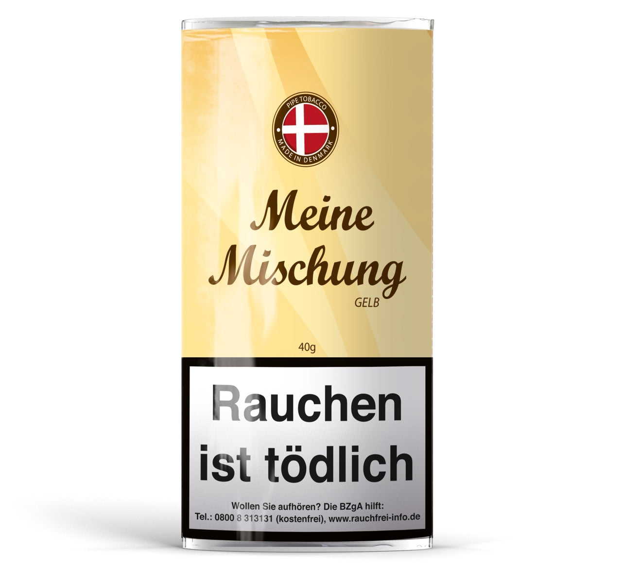 Meine Mischung Gelb Pfeifentabak 40g Pouch – Verpackung des milden Burley-Virginia-Tabaks mit Vanillearoma