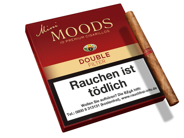 Mini MOODS Double Filter Cigarillos 10er Packung – kompakte Cigarillos neben der Schachtel