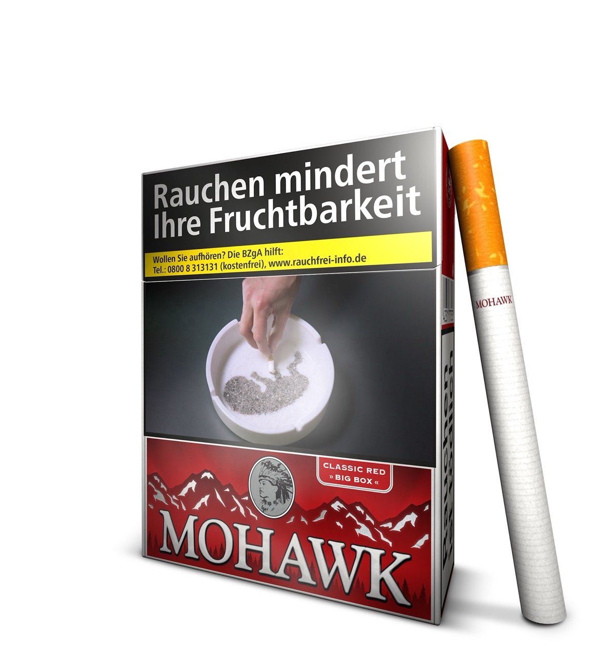 Mohawk Classic Red Big Pack Schachtel leicht seitlich mit angelehnter Zigarette