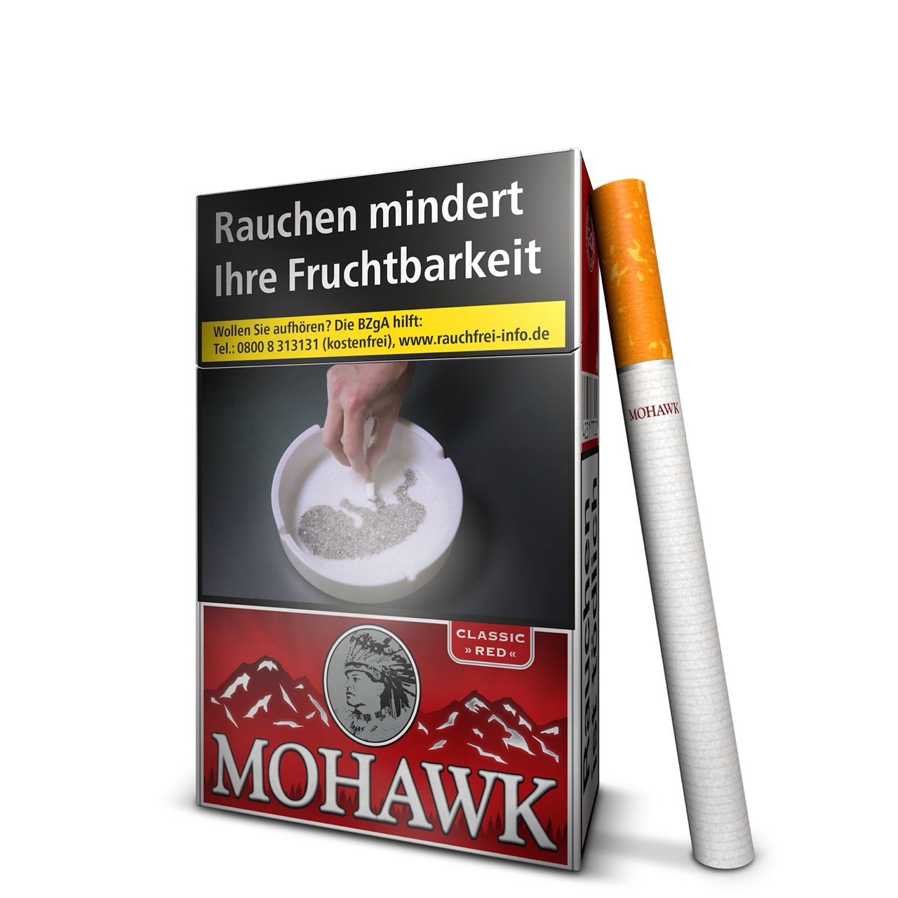 Mohawk Classic Red Schachtel leicht seitlich mit angelehnter Zigarette