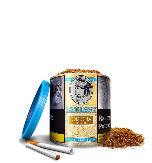 Mohawk Origins Feinschnitt geöffnete 70g Dose mit Tabak und Hülsen