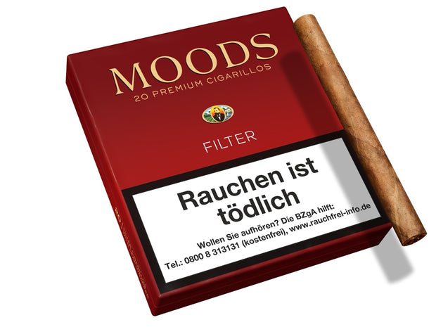 MOODS Filter Cigarillos 20er Packung – Schachtel mit Cigarillo daneben