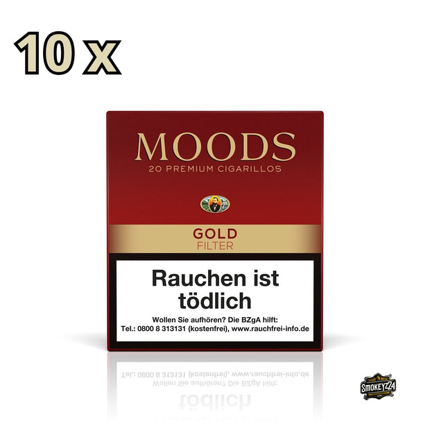 MOODS Gold Filter Cigarillos Stange – 10x20er Packung mit mild-aromatischem Geschmack und brasilianischem Deckblatt.