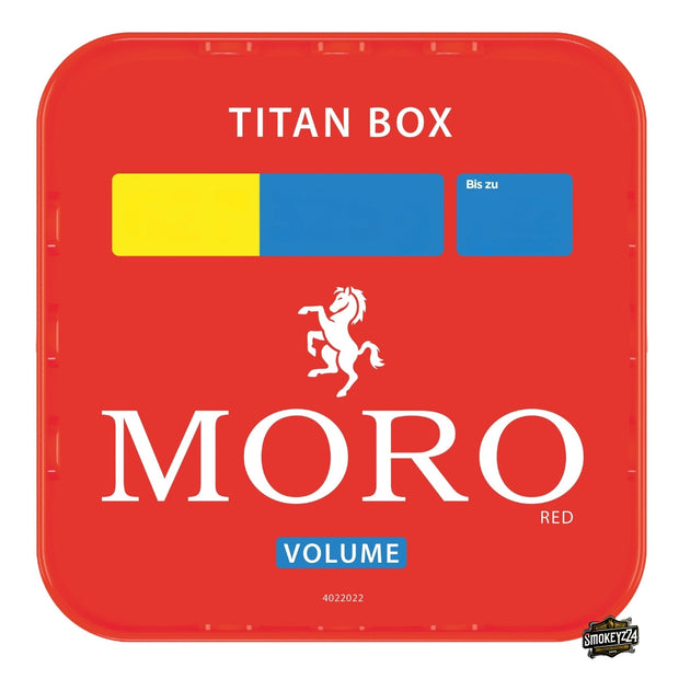Moro Volume Red Stopftabak 310g TITAN Box, große rote Volumentabak-Dose, frontal fotografiert.