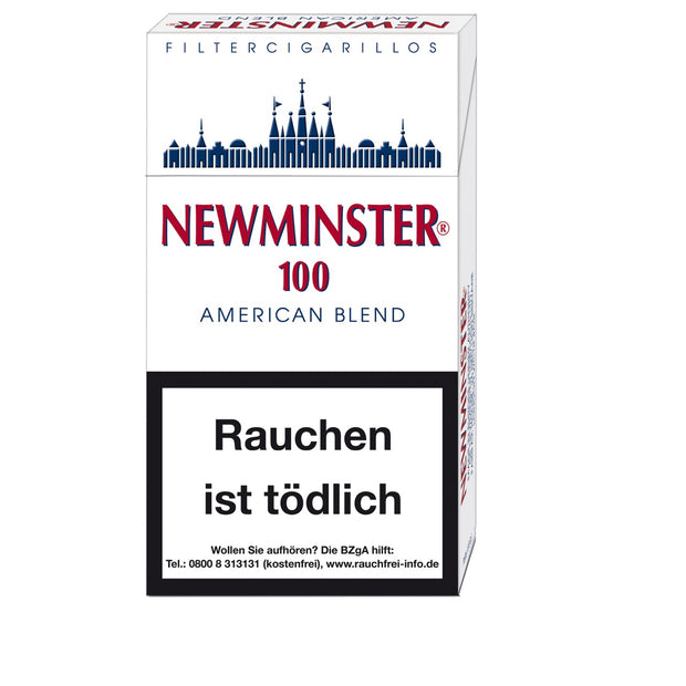 Newminster 100 Filter Cigarillos – Schachtel frontal, Long-Format 99,5 mm × 7,75 mm