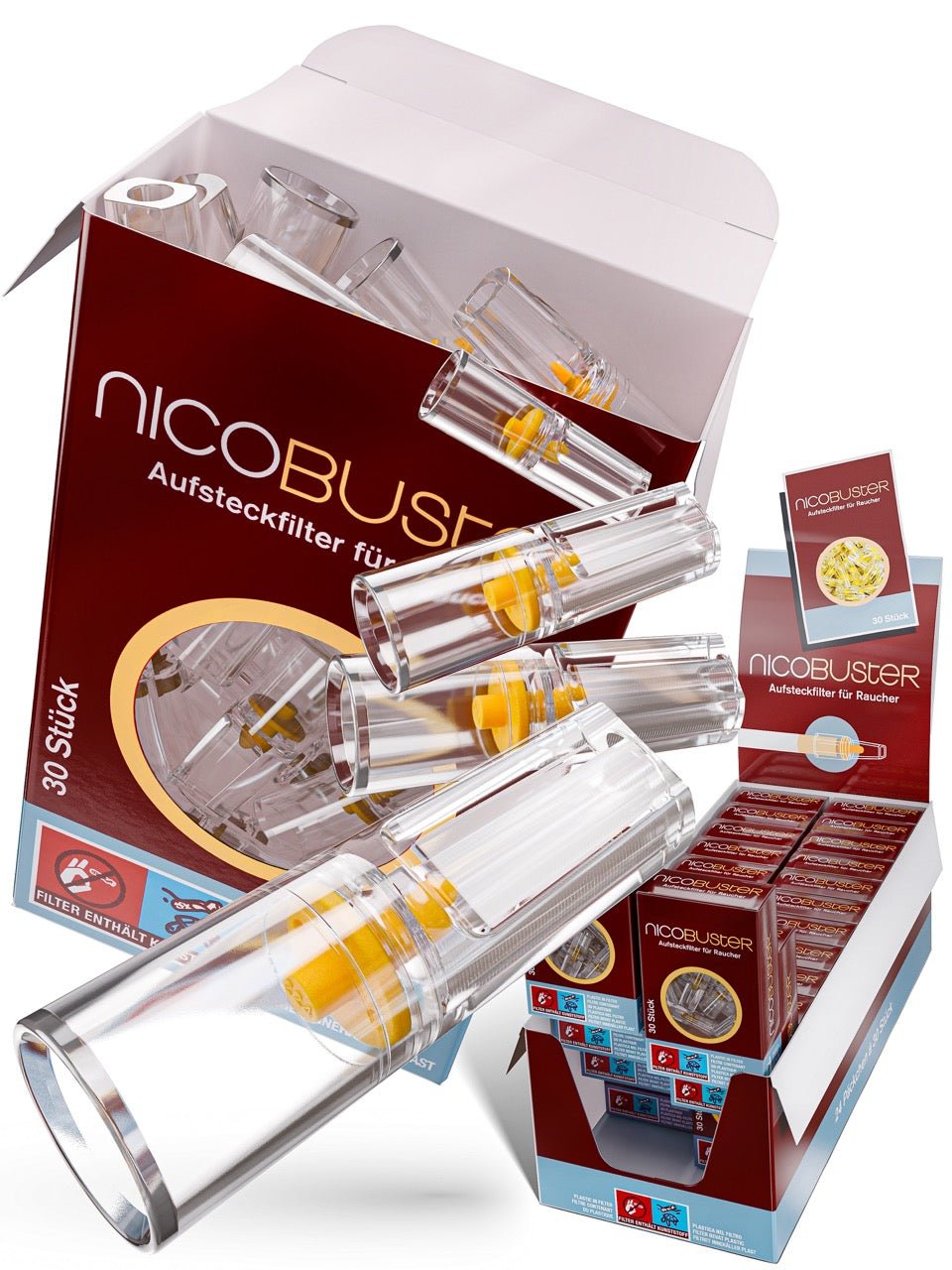 Nicobuster 24×30 – Vorratskarton mit Schachteln und transparenten Filtern davor