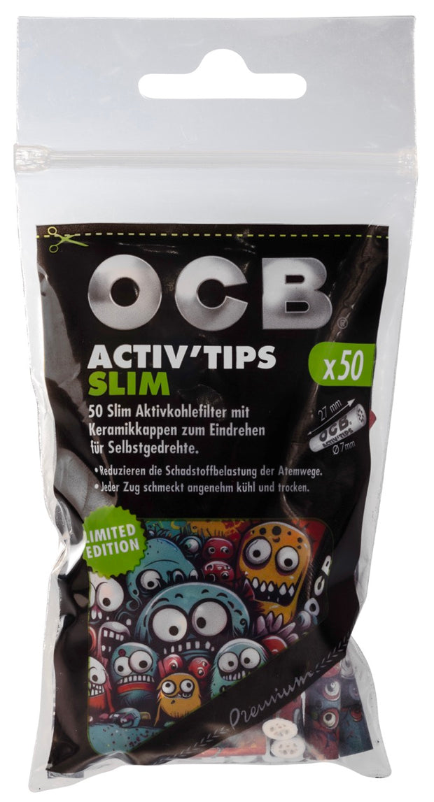 OCB 7mm Slim Active Filter Tips Monster Limited Edition Beutel mit 50 Aktivkohlefiltern, bunte Monster Designs