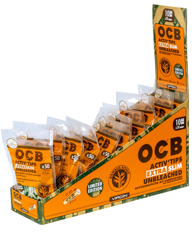 OCB 6mm Unbleached Bambus Extra Slim Aktivkohlefilter Tips Sparpaket mit 10x50er Beuteln, Panda Limited Edition