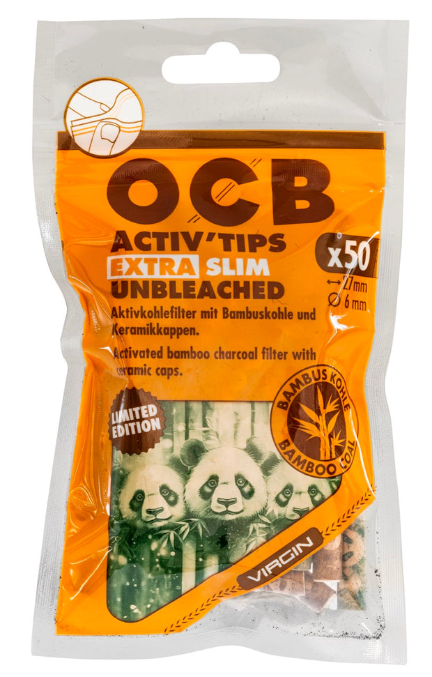 OCB 6mm Unbleached Bambus Extra Slim Aktivkohlefilter Tips im 50er Beutel, Panda Limited Edition