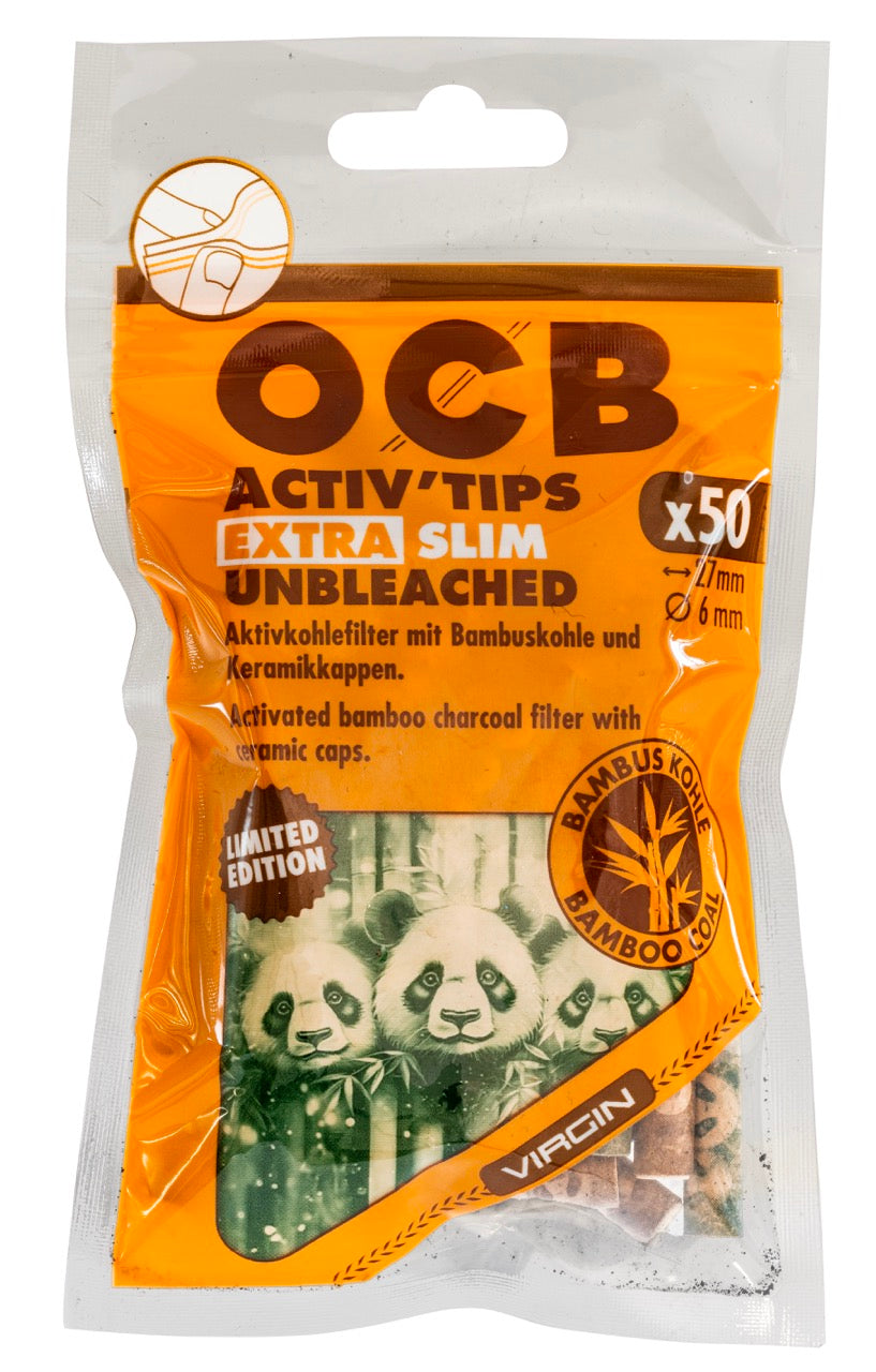 OCB 6mm Unbleached Bambus Extra Slim Aktivkohlefilter Tips im 50er Beutel, Panda Limited Edition