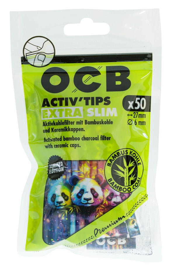 OCB Activ'Tips Extra Slim 6mm Bamboo Limited Edition Beutel mit Panda-Motiv, 50 Aktivkohlefilter