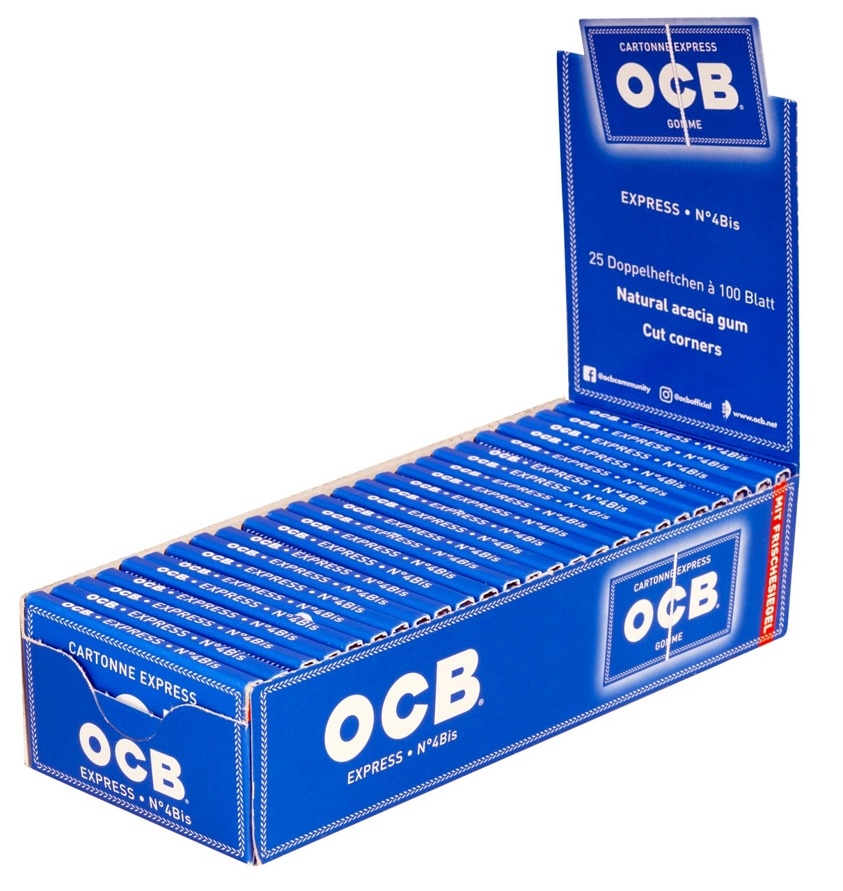 OCB Gomme Cartonne Express No. 4 Blau Sparpaket mit 25 Packungen à 100 Blättchen im Karton, klassisch blau