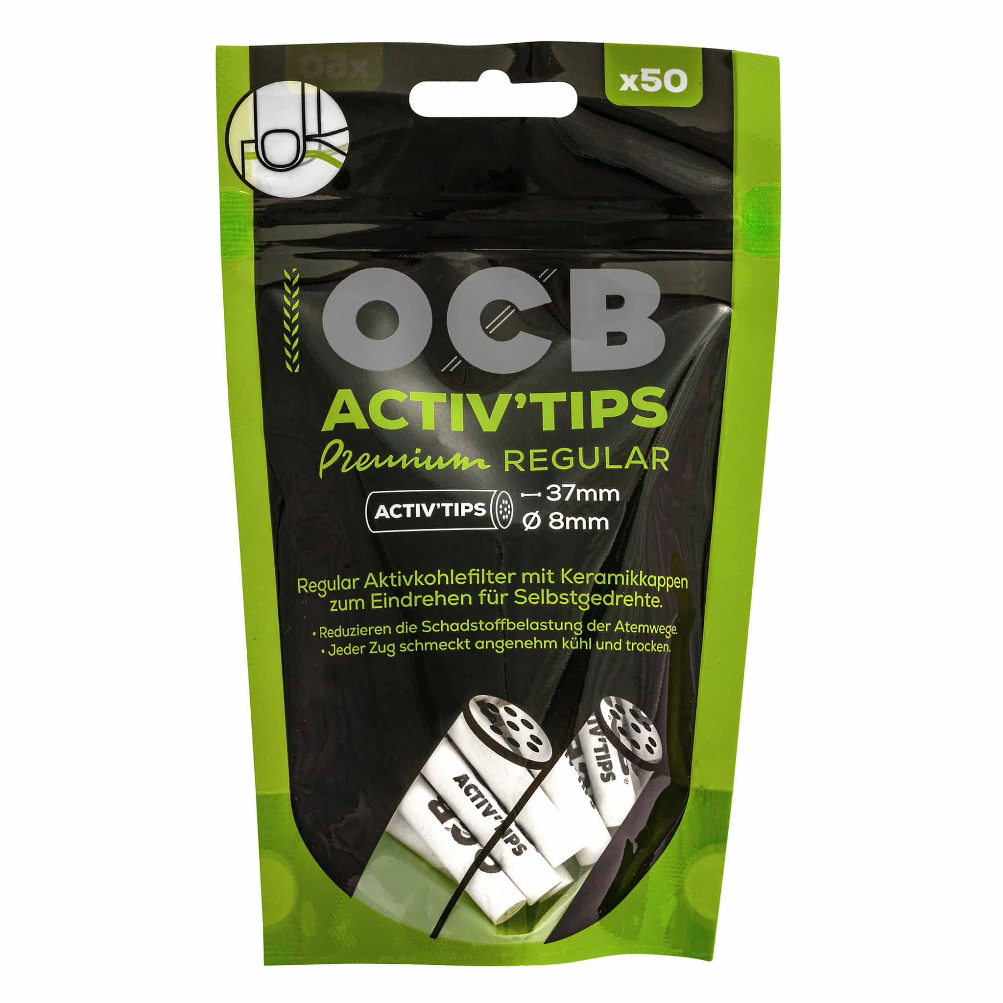 OCB Activ'Tips Premium Regular 8 mm Aktivkohlefilter im wiederverschließbaren 50er Beutel