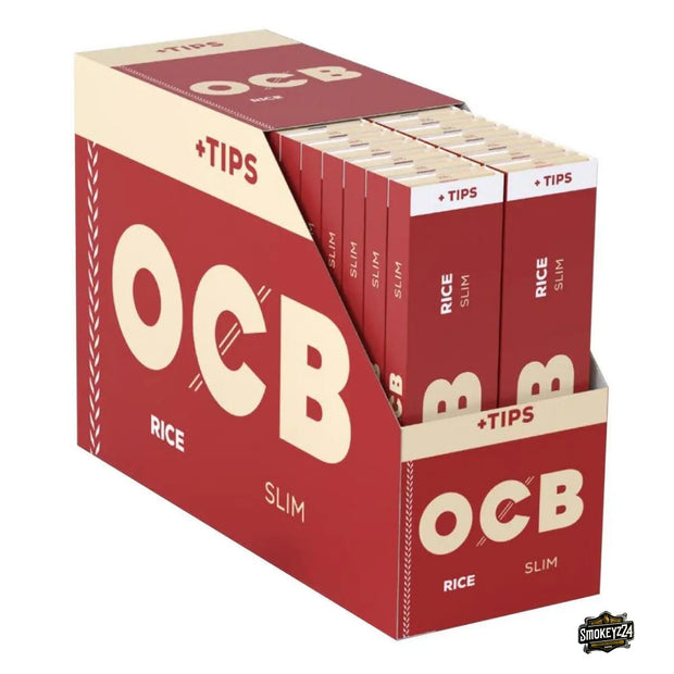 OCB Rice Slim + Tips Heftchen mit 32 Blättchen und 32 Tips im roten Design