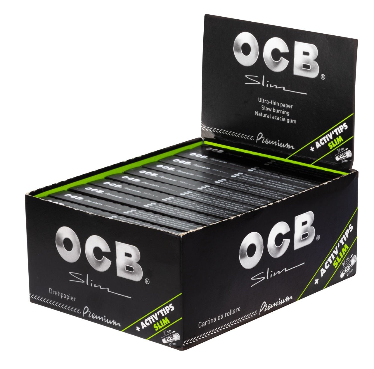 OCB Premium Black Long Slim + Active Filter Sparpaket, 20x32 Blatt mit 8 Aktivkohlefiltern, Vorratskarton