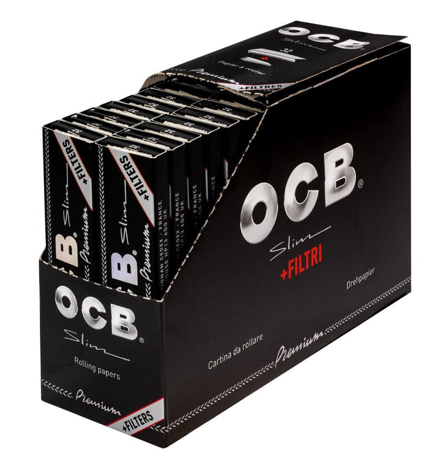 OCB Premium Black Long Slim + Filter Sparpaket mit 32 Heftchen, Vorratspack mit Blättchen und Tips