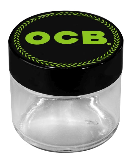 Einzelnes OCB Storage Glas mit schwarzem Deckel und OCB Logo, Schriftfarbe in Grün