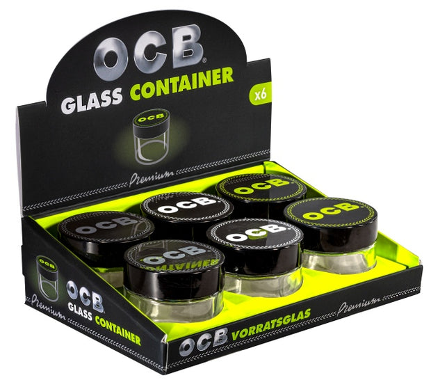 OCB Storage Glas 6er Karton, Vorratspack mit sechs Aufbewahrungsgläsern, Deckel mit OCB Logo, Schriftfarbe zufällig
