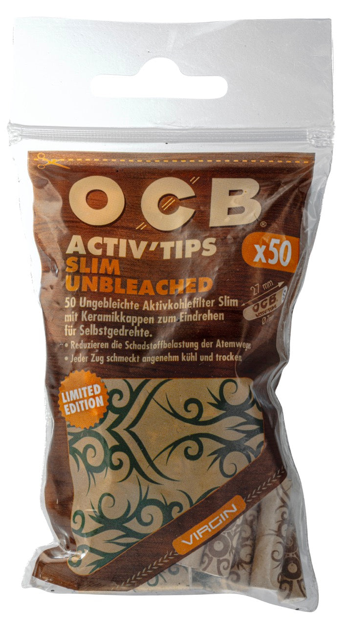 OCB Activ'Tips Slim Unbleached 7mm Tattoo Limited Edition – 50er Beutel ungebleichte Aktivkohlefilter, limitiertes Design