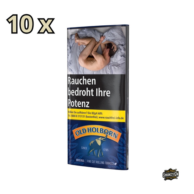 Old Holborn Original Drehtabak Gebinde leicht seitlich fotografiert, zeigt zehn 30g Pouches im traditionellen Design