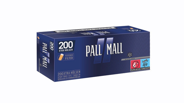 Packung der Pall Mall Blue Xtra Hülsen in kühlem Blauton, stehend vor hellem Hintergrund, ideal für milden Rauchgenuss mit weniger Tabak