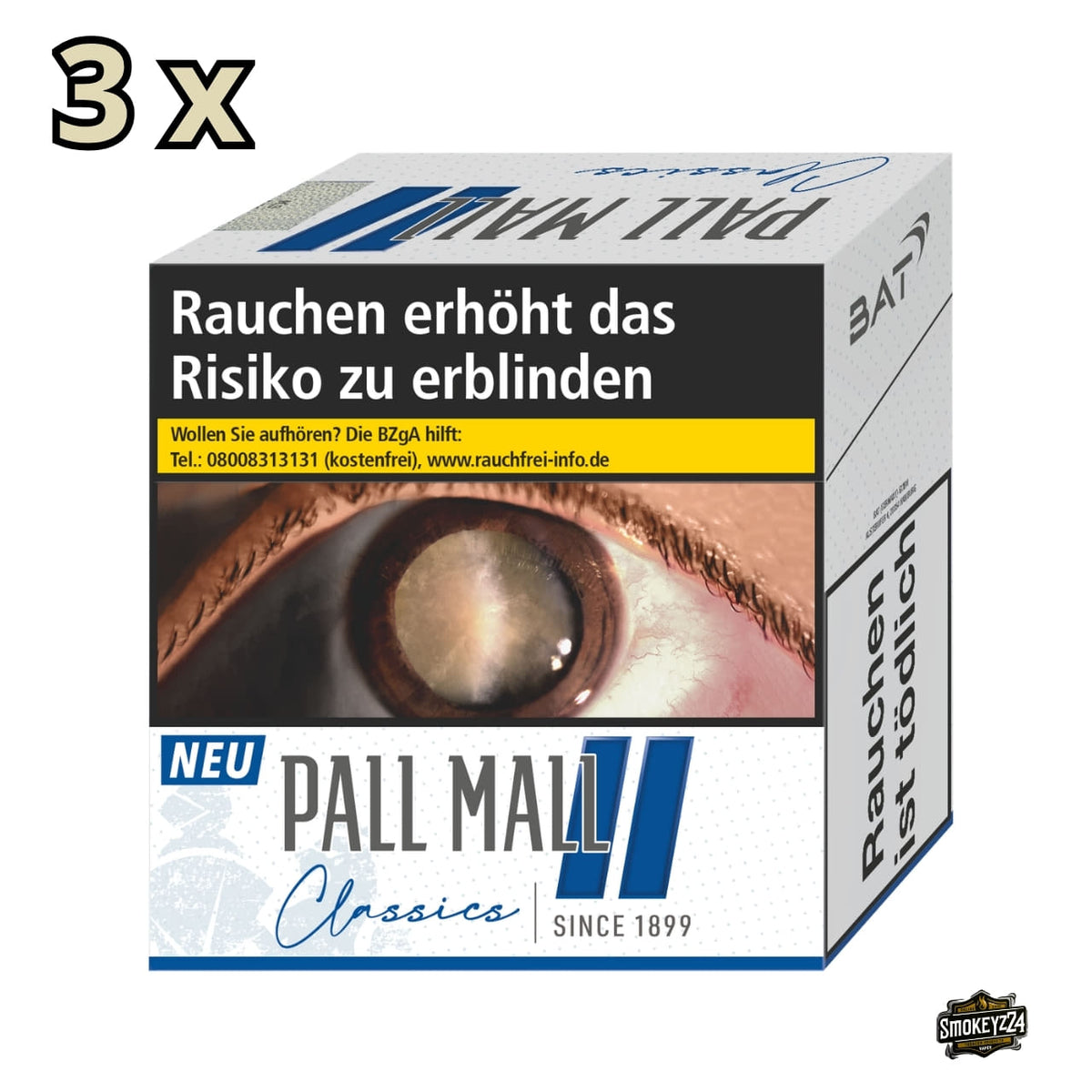 Pall Mall Classics Blue Hercules Packung in Weiß mit blauem Doppelbalken und Classics Schriftzug, Multiplikator 3x