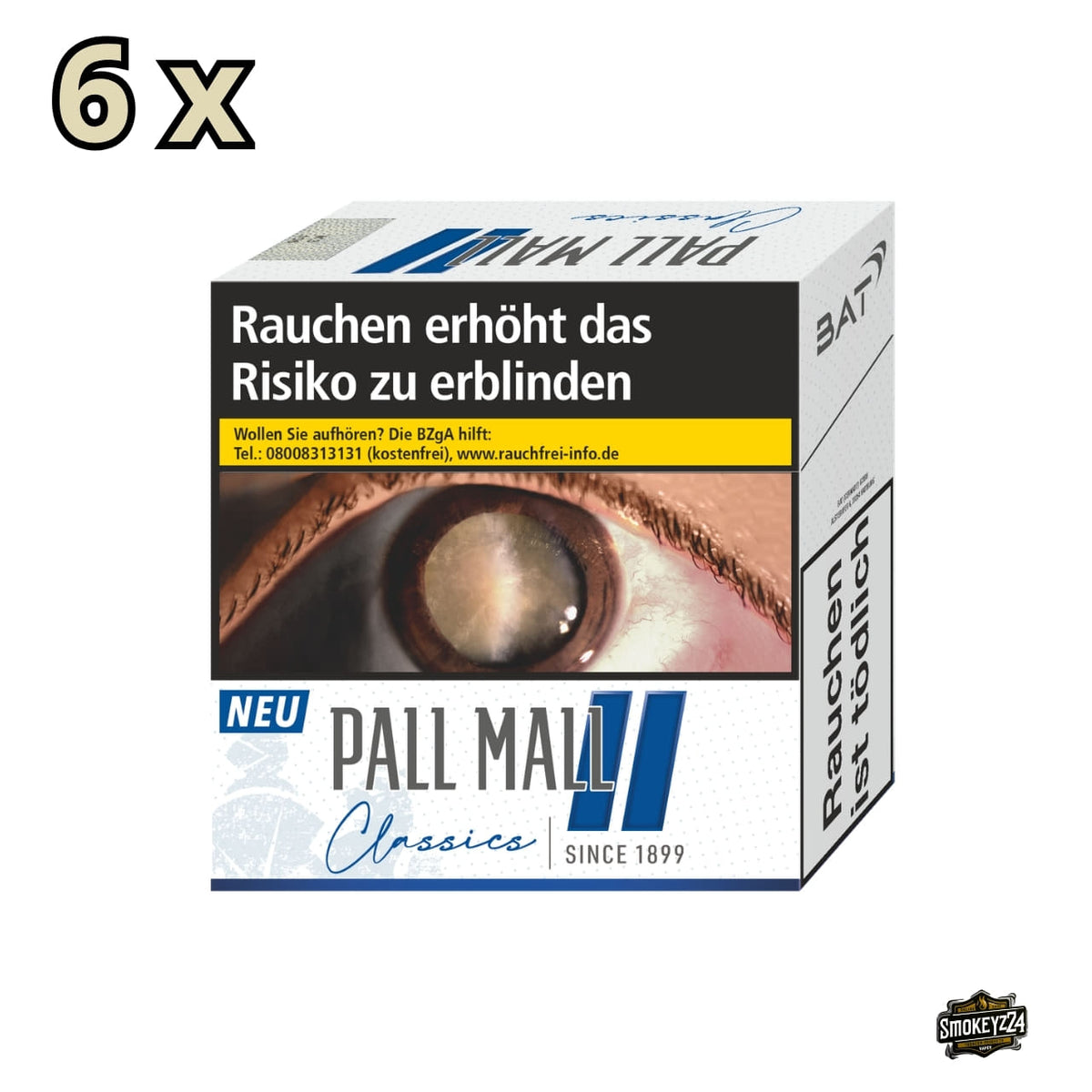 Pall Mall Classics Blue King Packung in Weiß mit blauem Doppelbalken und Classics Schriftzug, Multiplikator 6x