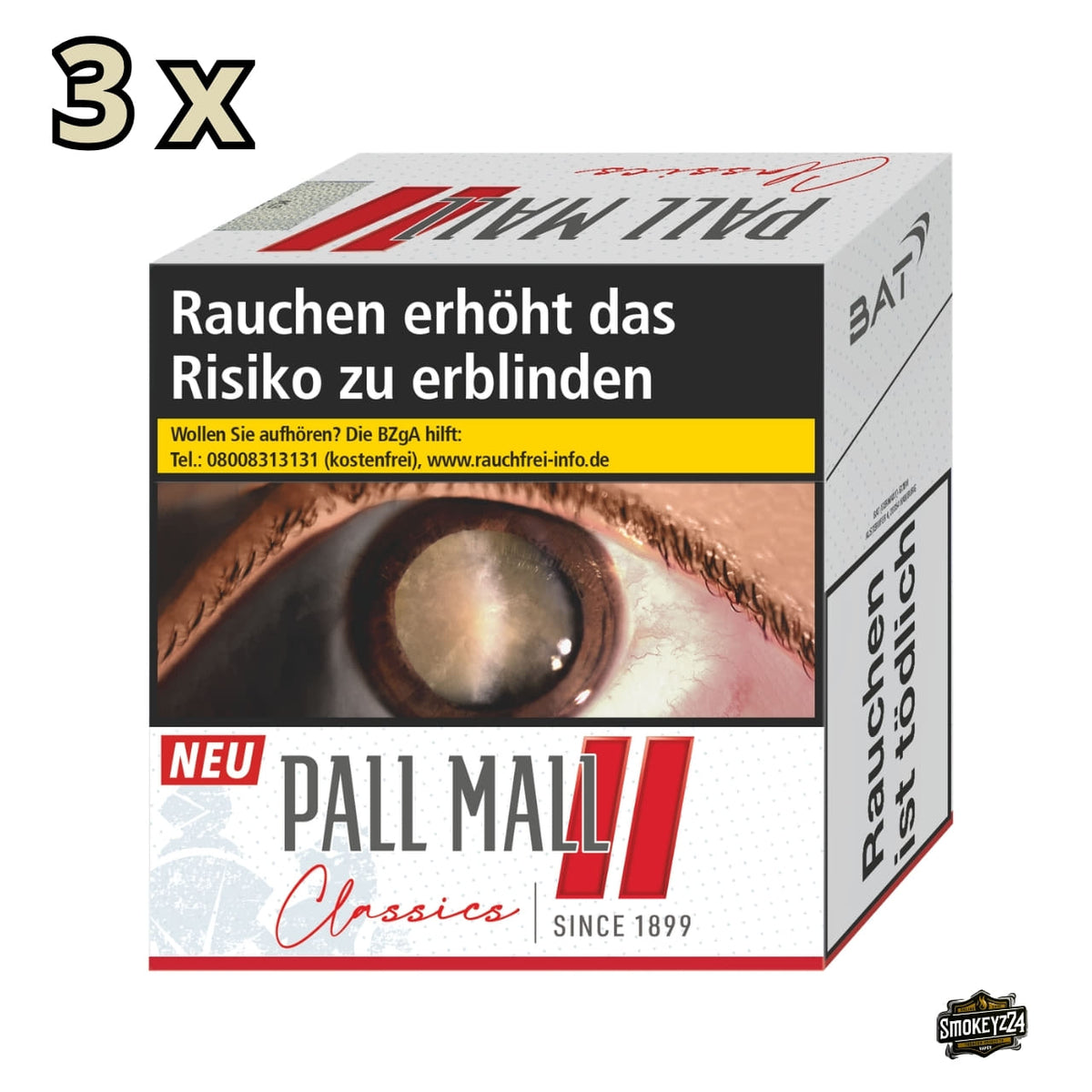Pall Mall Classics Red Hercules Packung in Weiß mit rotem Doppelbalken und Classics Schriftzug, Multiplikator 3x