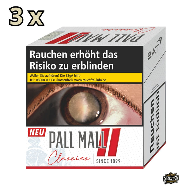 Pall Mall Classics Red Hercules Packung in Weiß mit rotem Doppelbalken und Classics Schriftzug, Multiplikator 3x