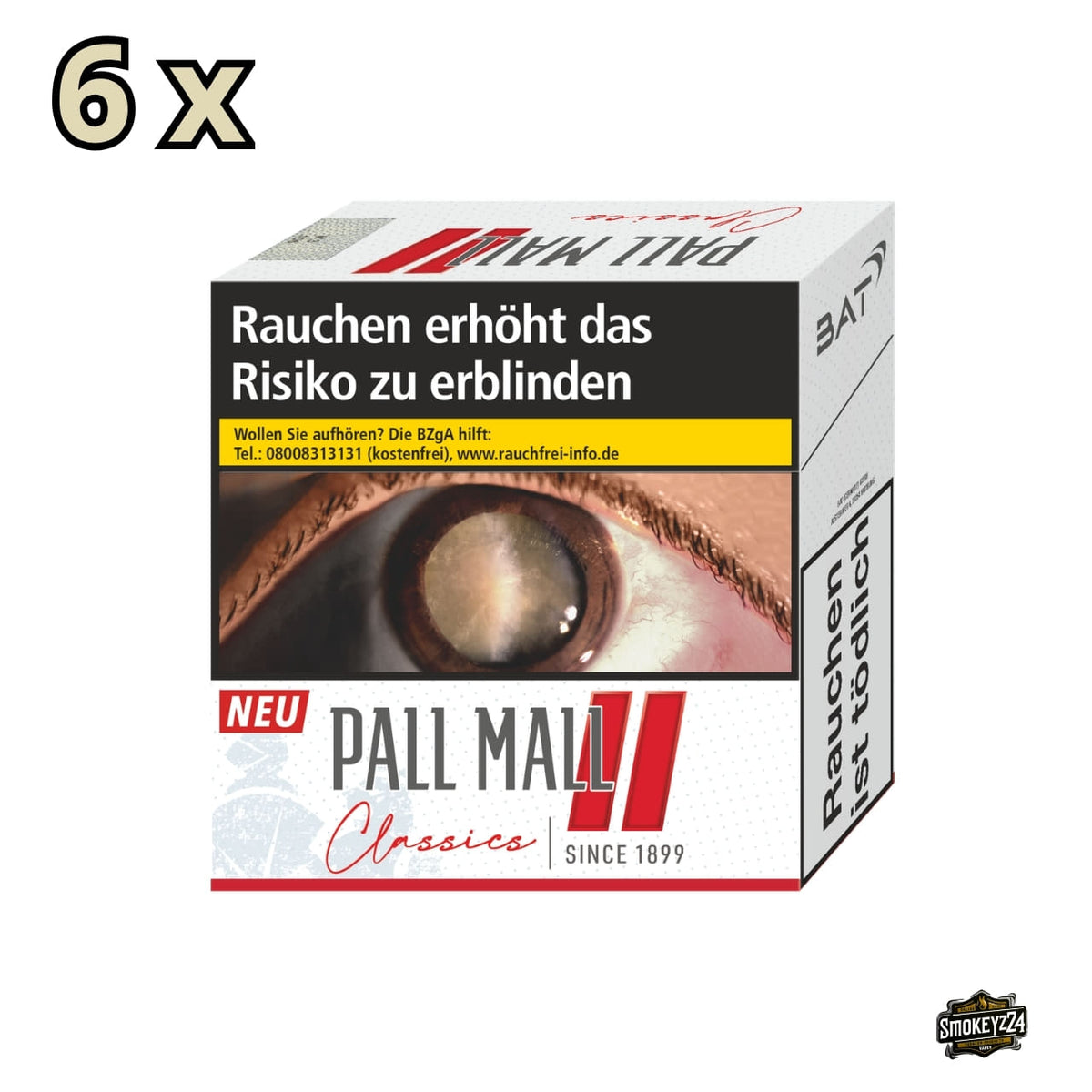 Pall Mall Classics Red King Packung in Weiß mit rotem Doppelbalken und Classics Schriftzug, Multiplikator 6x