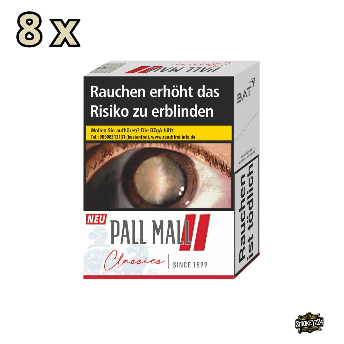Pall Mall Classics Red Super Packung in Weiß mit rotem Doppelbalken und Classics Schriftzug, Multiplikator 8x