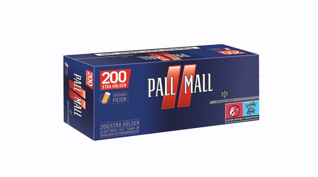 Pall Mall Red Xtra Hülsenpackung mit 200 Filterhülsen in auffälligem Rotdesign, stehend vor weißem Hintergrund