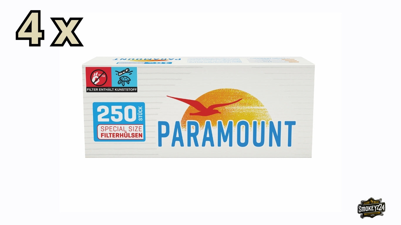 Vier Packungen Paramount Blue Special Filterhülsen mit je 250 Stück in blauer Verpackung