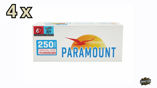 Vier Packungen Paramount Blue Special Filterhülsen mit je 250 Stück in blauer Verpackung