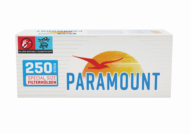 Paramount Blue Special Filterhülsen in blauer Verpackung mit 250 Stück Inhalt