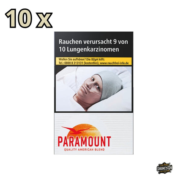 Packung Paramount Red Zigaretten im klassischen rot-weißen Design mit stilisiertem Vogel-Logo