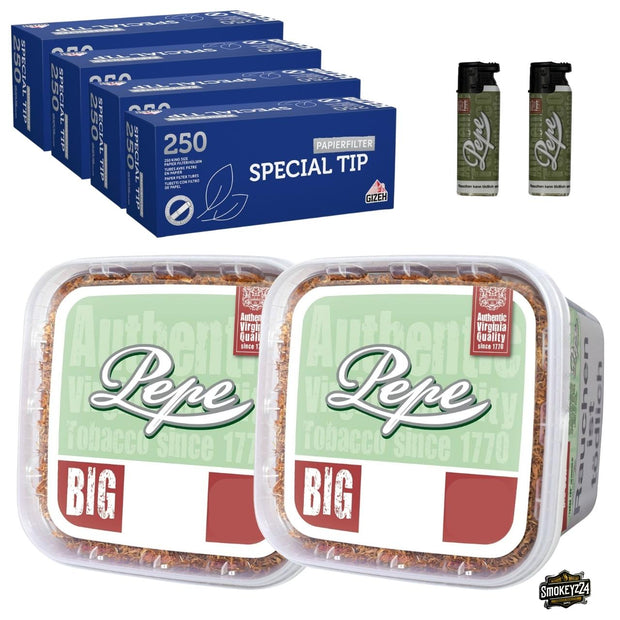 Pepe Bright Green 2x Box Bundle mit Gizeh Special Tip Hülsen und Pepe Sturmfeuerzeugen