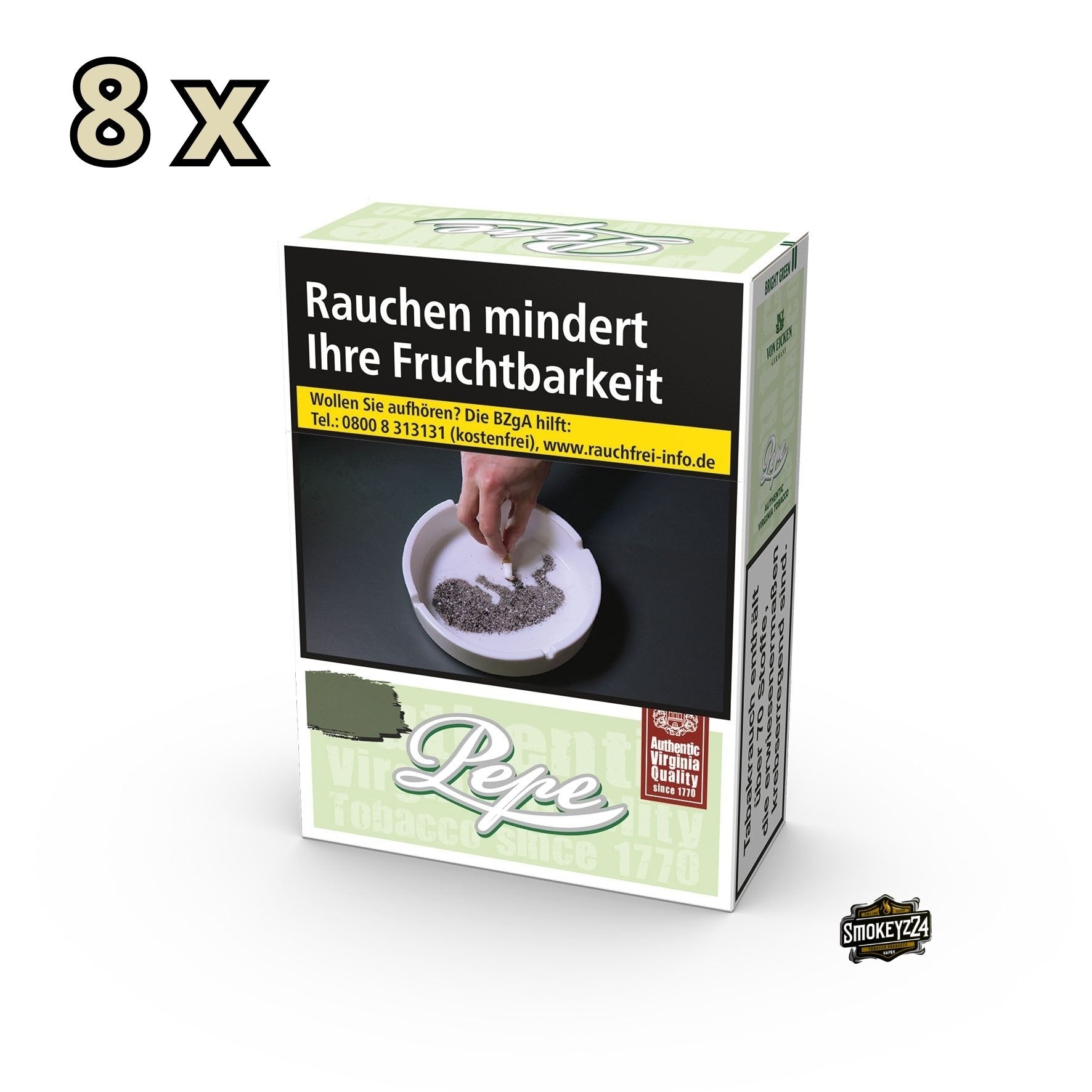 Pepe Bright Green Zigaretten Stange 8x30 Stück – milde Virginia-Zigaretten ohne Zusatzstoffe im Vorteilspack