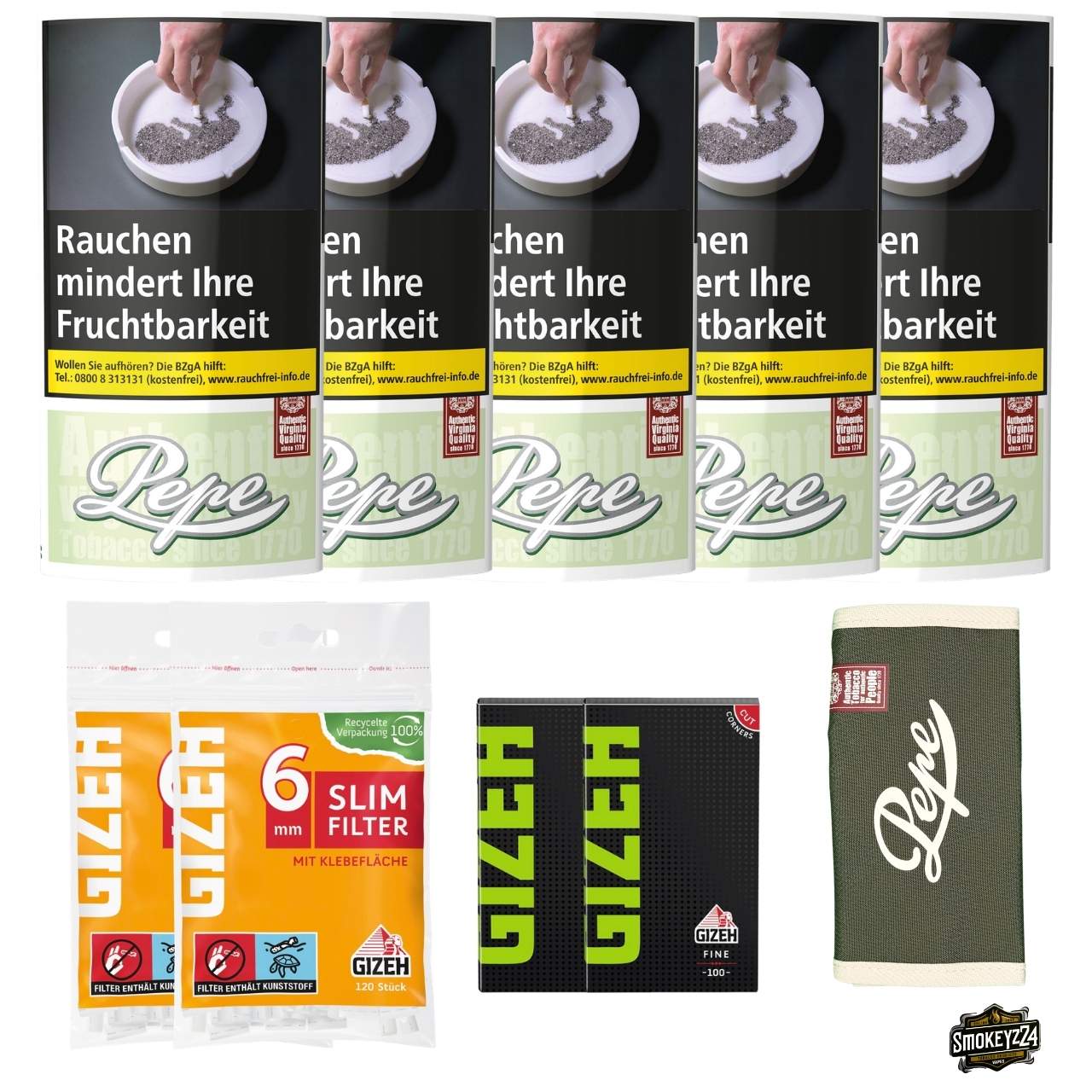 Pepe Bright Green 5x Pouch Bundle mit GIZEH Blättchen, Slim Filtern und Pepe Pouchbag